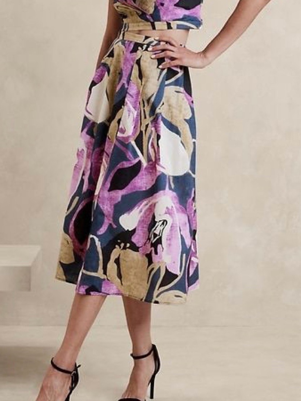 Banana Republic Poplin Pleated Skirt Midi Floral Abstract Size 10 Purple Navy